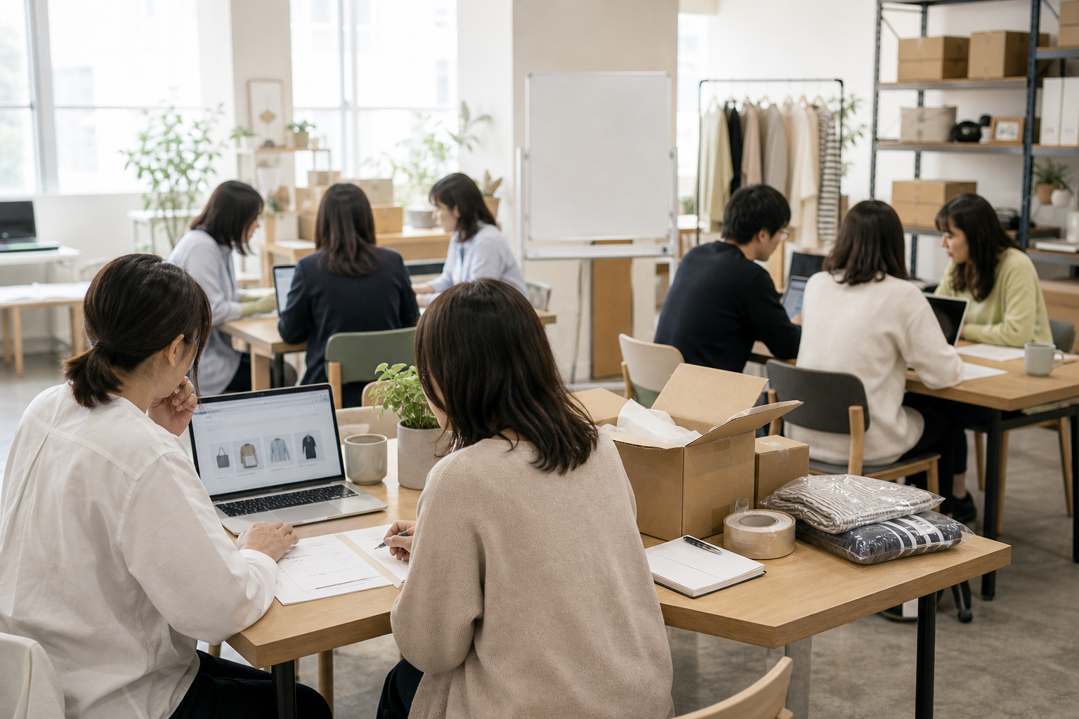 カフェ風オフィスでグループ学習する人々 — 物販スクール&コミュニティ事業